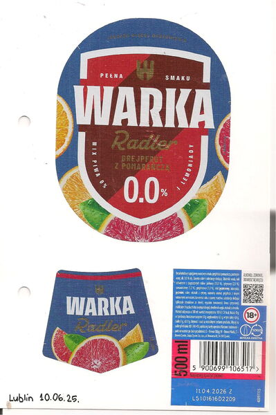 Warka Radler 0,0% Grejpfrut z Pomarańczą